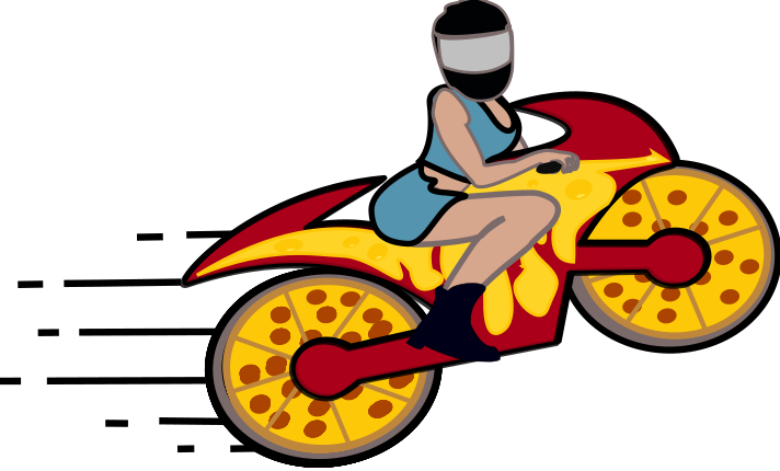 Pizza motorcycle with girl riding it, popping a wheelie